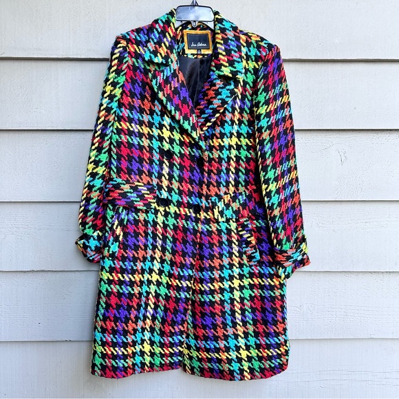 Sam Edelman Multicolor Houndstooth Coat Rainbow Colorful Artsy Bold Size 12 - Picture 1 of 10